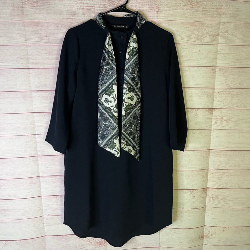 Zara Navy Blue‎ Neck Scarf 3/4 Sleeve Dress Small